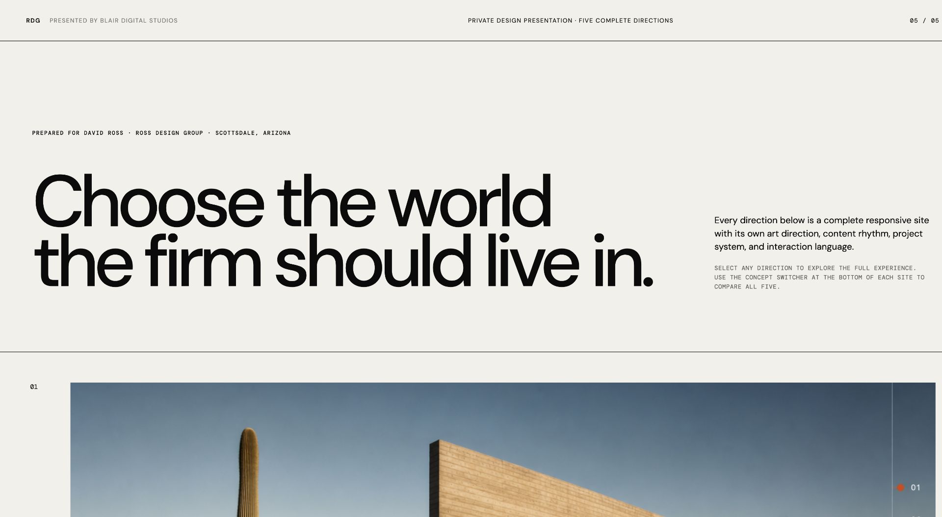 Ross Design Group private design presentation showing five complete website directions